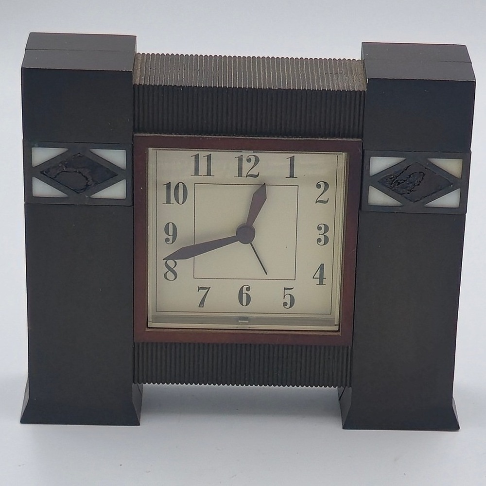 Vintage Art Deco Style Mantel Clock Brown Faux Inlay Desktop Alarm Clock